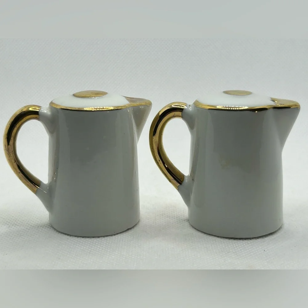 Vintage Sat & Pepper Shakers Bowling Ceramic White Black Gold Lot Two Taiwan